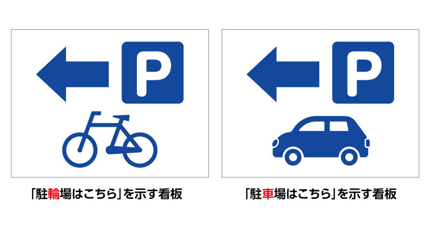 矢印とイラストで分かりやすく表示されている駐車場看板